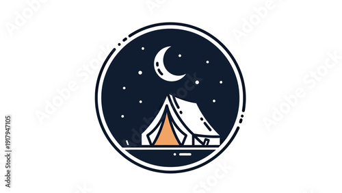 A camping scene, tent under a crescent moon & stars, within a circle border