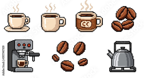 A pixel art collection featuring steaming coffee cups, beans, an espresso machine, and a kettle