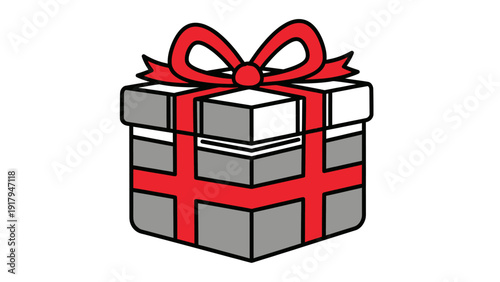 A stylized gift box with a red bow and ribbon, featuring grey and white blocks