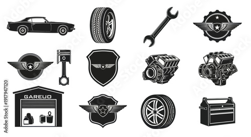 A collection of automotive-themed illustrations featuring cars, tools, and engine components in black