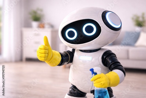 Friendly cleaning robot showing thumbs up after housework.