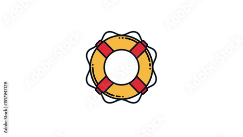 A centered illustration of a yellow and red life preserver with a black outline on white