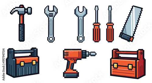 A pixel art collection of various hand tools including hammers, wrenches, drills, and saws
