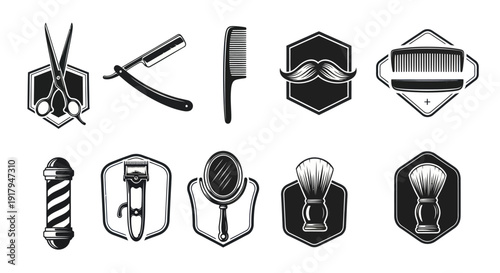 A collection of barbering tools and icons, including scissors, razors, combs, and shaving brushes