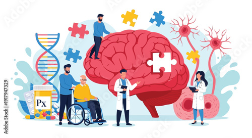 Illustration of doctors and a patient in a wheelchair discussing brain health. Surrounding elements include a large brain, DNA strand, neurons, and pills.