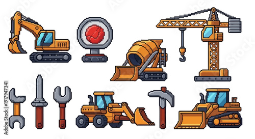 A collection of pixel art construction equipment, including an excavator, crane, and mixer
