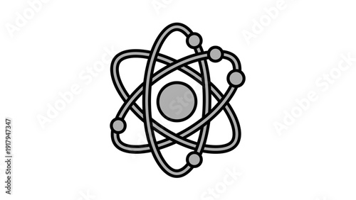 A gray and black stylized atom diagram, centered on a white background