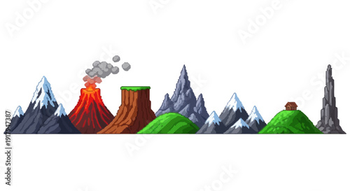 A landscape featuring a volcano, mountains, hills, and a small house, all in a pixel art style
