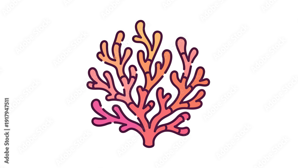 Fototapeta premium A stylized coral reef with gradient colors from pink to orange, thick dark outlines on white