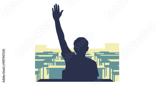 Student raising hand in classroom, education concept, back to school