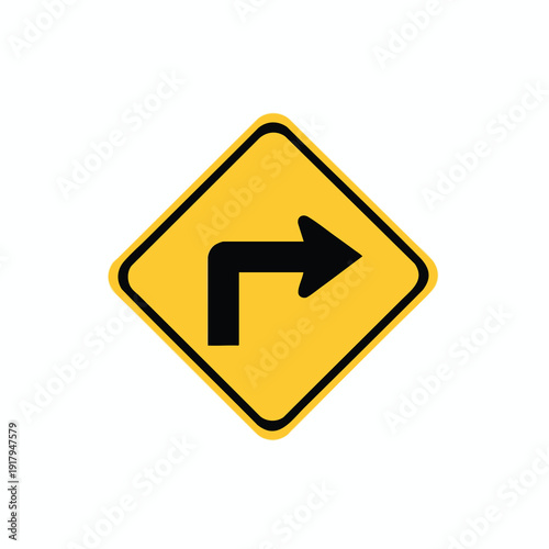 Yellow Diamond Sign with Black Curved Arrow