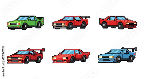 A collection of pixel art-style cars, featuring green, red, and blue variants with distinct designs