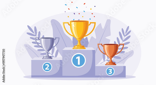 Illustration of a winners' podium with three trophies. A gold trophy on top, silver on the left, and bronze on the right. Confetti falls above, adding celebration.