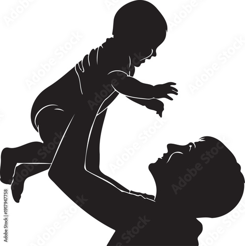 A silhouette of a father playfully tossing a young child in the air