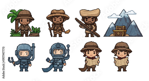 A collection of playful adventurer characters featuring explorers, treasure, and scenic mountains