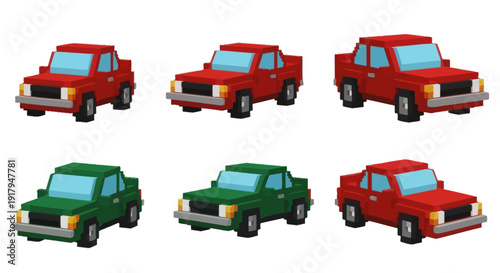 Six playful, cartoonish pickup trucks in red and green, arranged in two rows, showcasing a blocky design