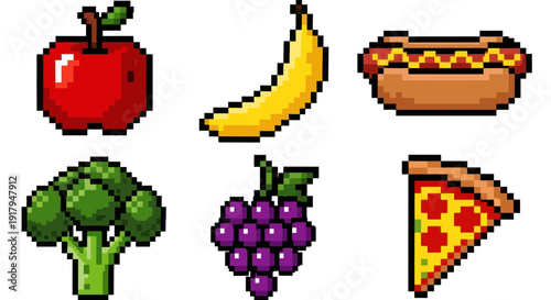 A colorful assortment of pixelated food items including an apple, banana, hot dog, broccoli, grapes, and pizza