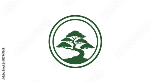 Green Bonsai Tree Icon in Circle - Minimalism