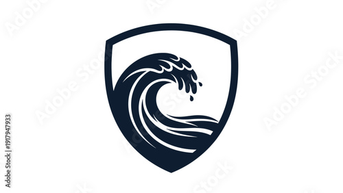 A navy blue wave cresting within a shield outline on white