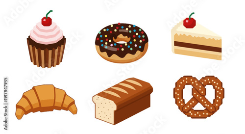 A vibrant collection of sweet and savory pastries including a cupcake, donut, cake, croissant, bread, and pretzel