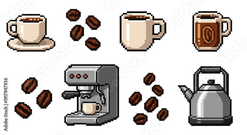 A pixel art composition featuring coffee cups, beans, an espresso machine, and a kettle