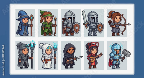 A grid of ten whimsical pixel characters showcasing diverse fantastical roles in vibrant colors