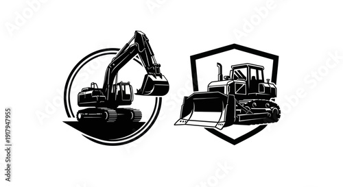 Two black and white construction vehicle illustrations featuring an excavator and bulldozer