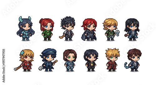 A group of twelve chibi characters, each with unique outfits and hairstyles, arranged in two rows