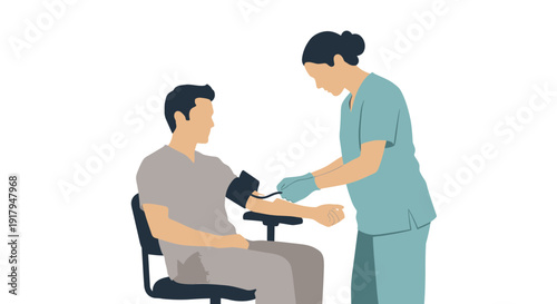 Nurse taking blood pressure of patient, medical checkup illustration