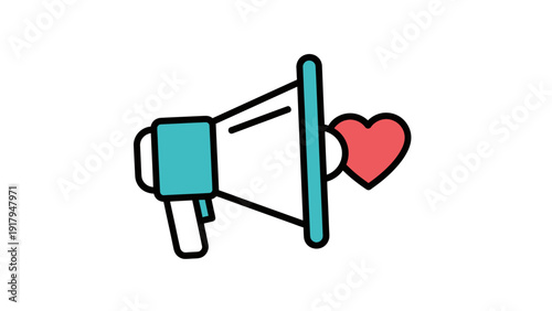 A stylized megaphone icon with a heart, featuring teal and red elements