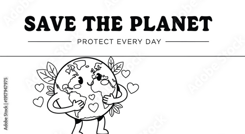 Eco friendly icon set with earth and heart. Includes save the planet, protect, love, and leaf symbols. Created in line art style with black and white palette.