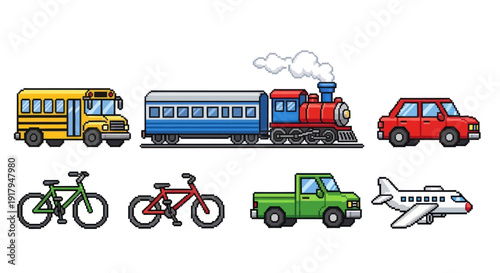 A colorful collection of pixel-art vehicles including a bus, train, car, bicycles, truck, and airplane