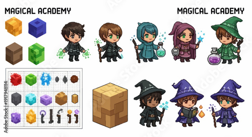 Colorful pixel art depicting characters from a magical academy with potions, spells, and blocks