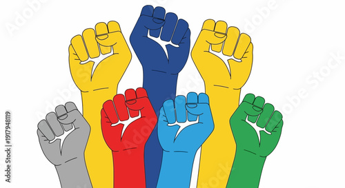 Diverse Hands Clenched Fists Raised in Unity and Protest