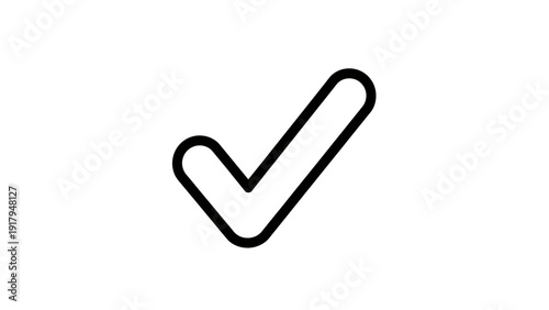 A bold, black check mark icon with rounded edges, set against a stark white background