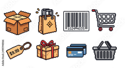 A collection of pixelated shopping icons including boxes, bags, tags, and carts representing commerce