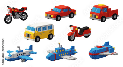 A colorful collection of 8 block-style vehicles including motorcycles, cars, and aircrafts
