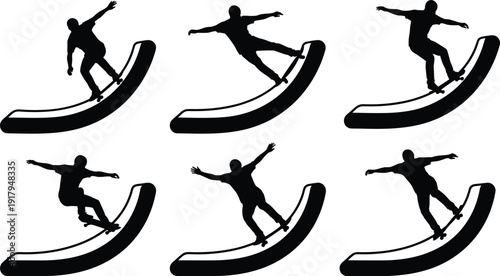 Skateboarder Silhouette Set Performing Tricks on Curved Ramp with Dynamic Balance and Extreme Sports Action Poses