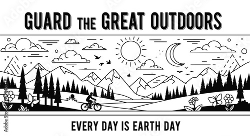 Environmental conservation illustration with mountains, trees, and cyclist, promoting earth protection.