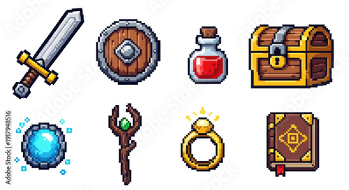 A collection of pixel art RPG items including weapons, potions, and treasure chests