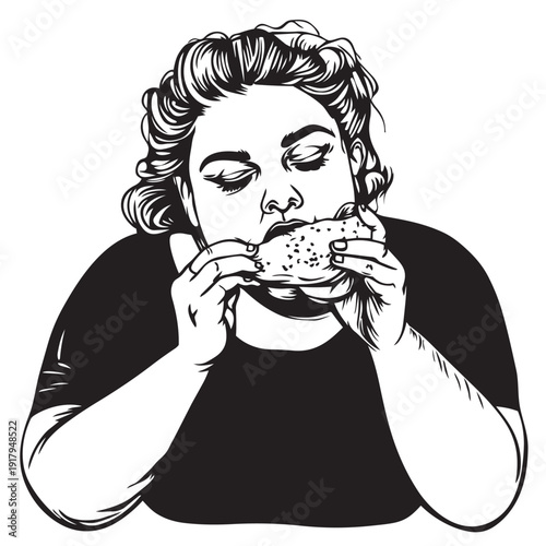 vector illustration of a fat woman eating