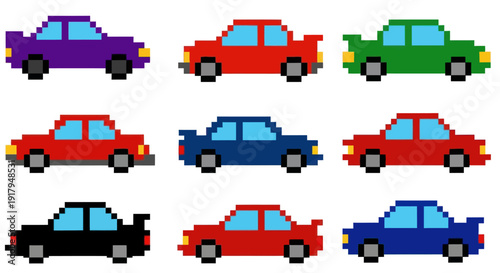 A vibrant grid of pixel art cars in various colors purple, red, green, blue, and black
