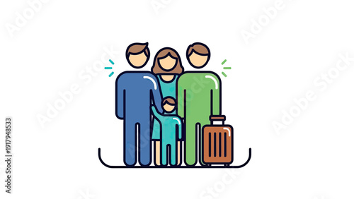 A family of four stands together with a suitcase, possibly ready for a trip