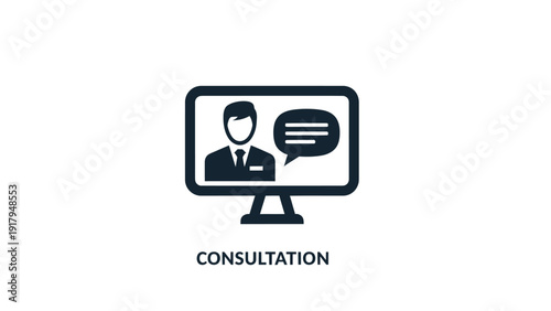 A monitor icon displays a person speaking with a thought bubble. "CONSULTATION" is written below