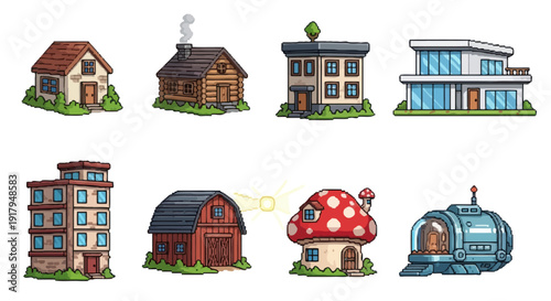 A collection of eight diverse house designs showcasing various styles from rustic to modern