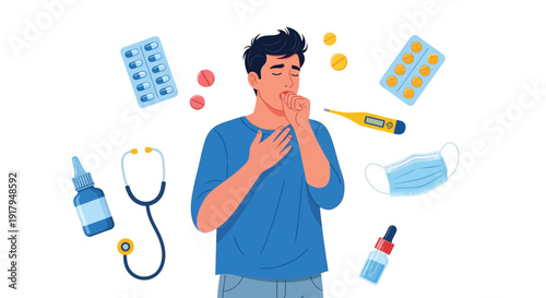 A man in a blue shirt coughs with a hand on his chest, surrounded by healthcare items including pills, a thermometer, stethoscope, mask, and medicine.