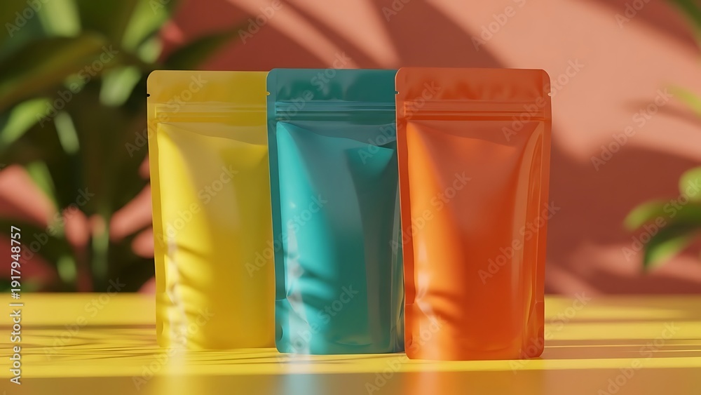 Fototapeta premium Colorful Food Packaging Pouches on Yellow Table with Natural Light and Greenery