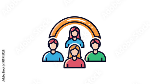 Flat vector graphic featuring 4 human figures under an orange arch on a white backdrop