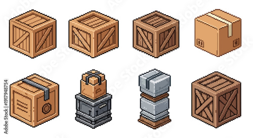 A collection of eight pixel art boxes, featuring wooden crates, a cardboard box, and stone materials