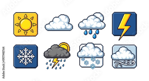 Pixel art weather icons featuring sun, clouds, rain, snowflakes, and thunder in various styles